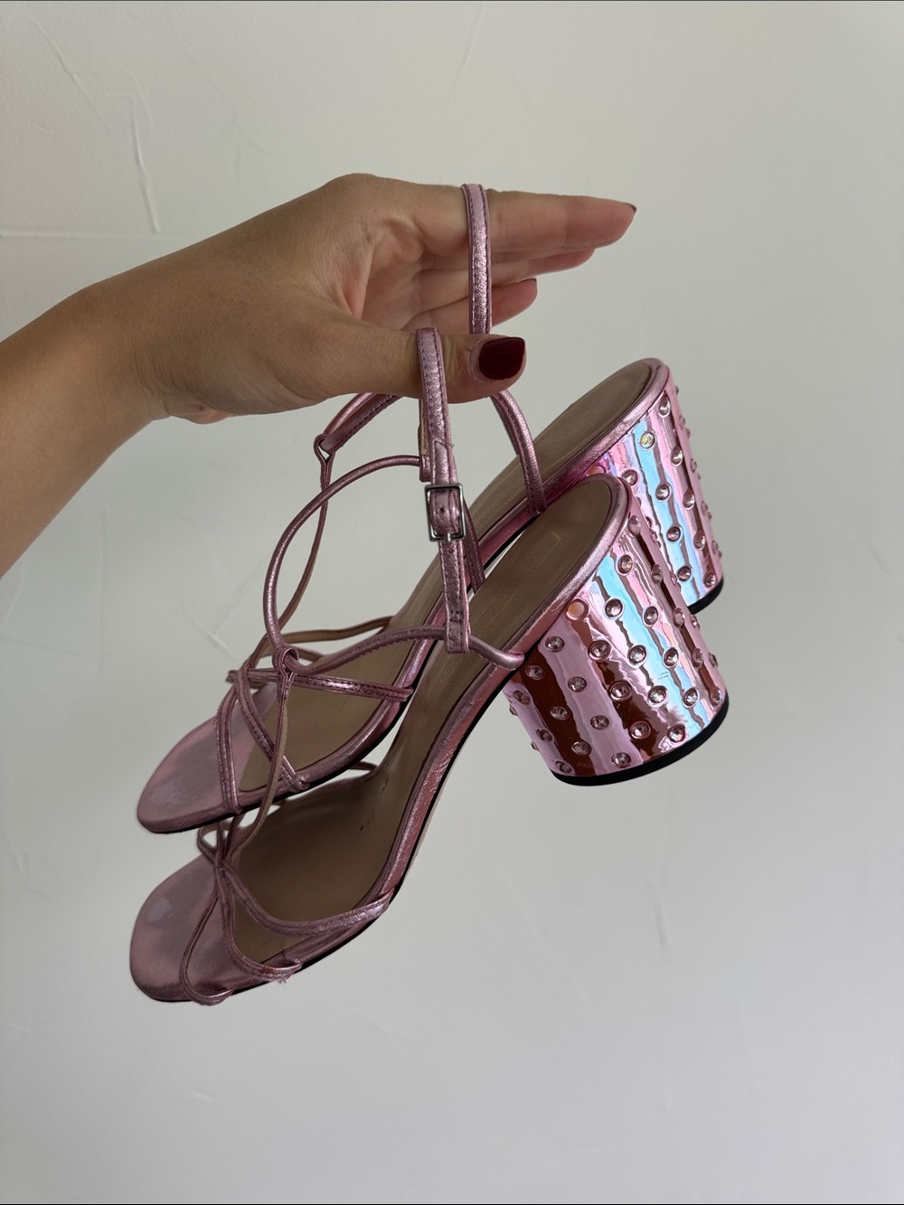Marc Jacobs Rhinestone Metallic Pink Strappy Block-Heel Sandals